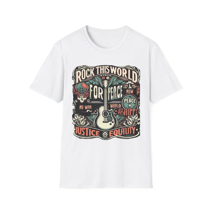 WR-C. Rock this World for - Peace - Justice - Equality / Unisex Graphic Tee Shirt - Global Warming Warrior Wear, "S.P.C." A Social Purpose Corporation  