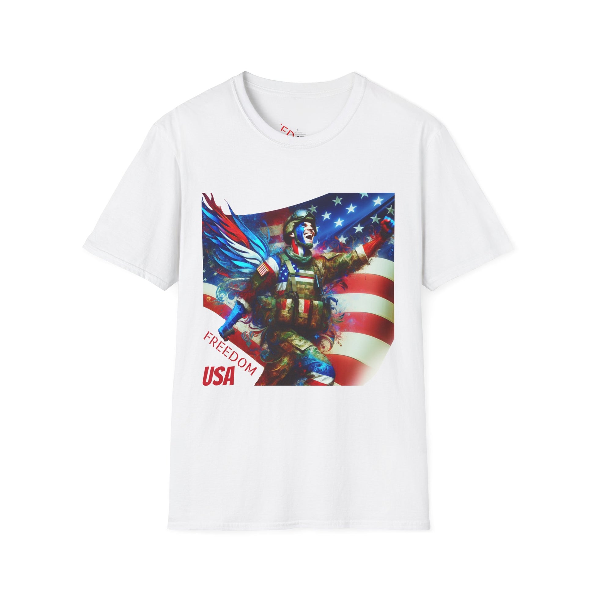 X - Freedom USA Flag with Warrior-1. / Unisex Graphic Tee Shirt - Global Warming Warrior Wear, "S.P.C." A Social Purpose Corporation  