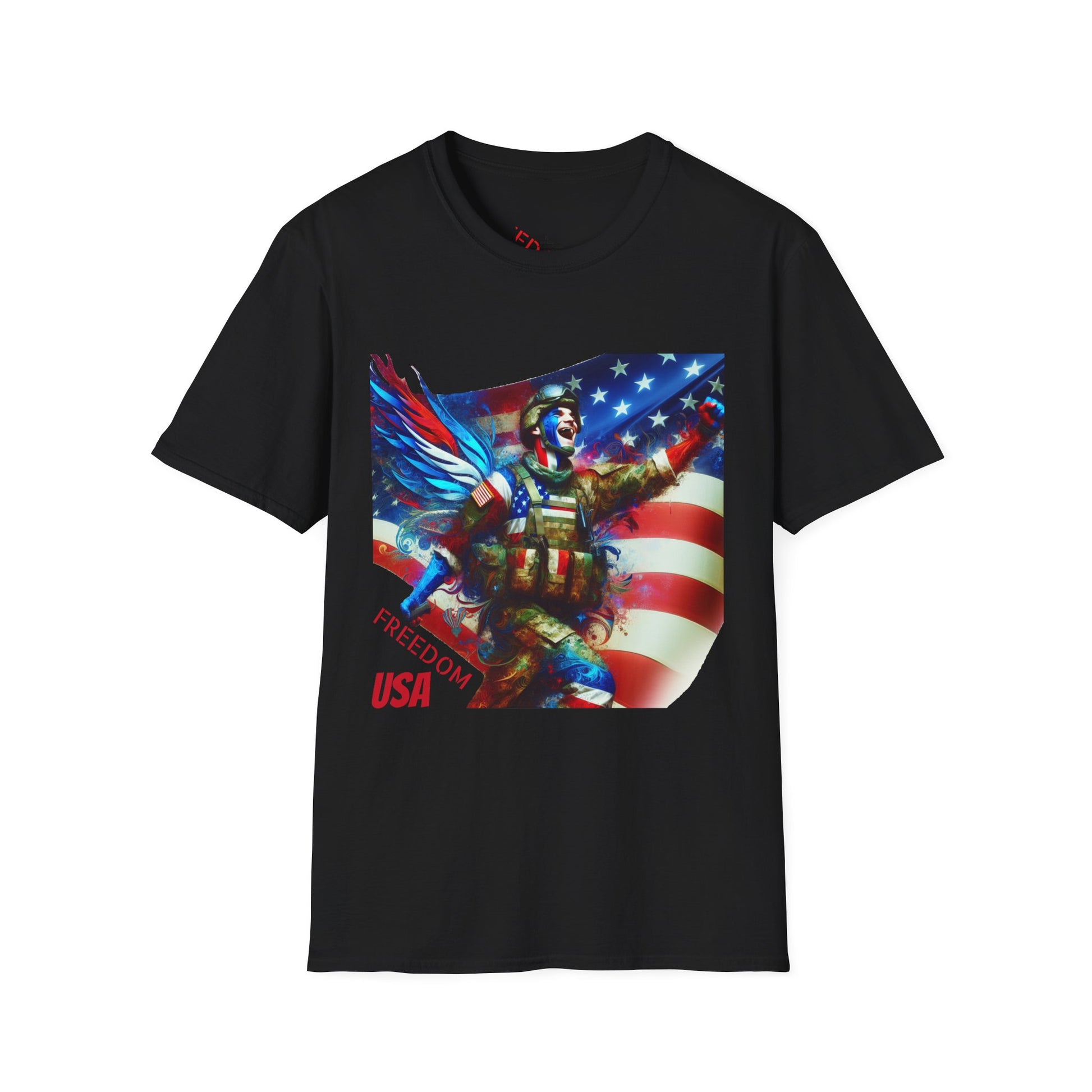 X - Freedom USA Flag with Warrior-1. / Unisex Graphic Tee Shirt - Global Warming Warrior Wear, "S.P.C." A Social Purpose Corporation  