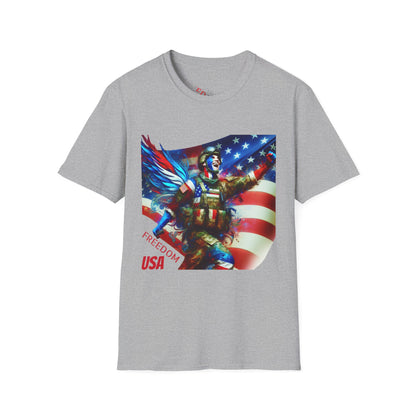 X - Freedom USA Flag with Warrior-1. / Unisex Graphic Tee Shirt - Global Warming Warrior Wear, "S.P.C." A Social Purpose Corporation  